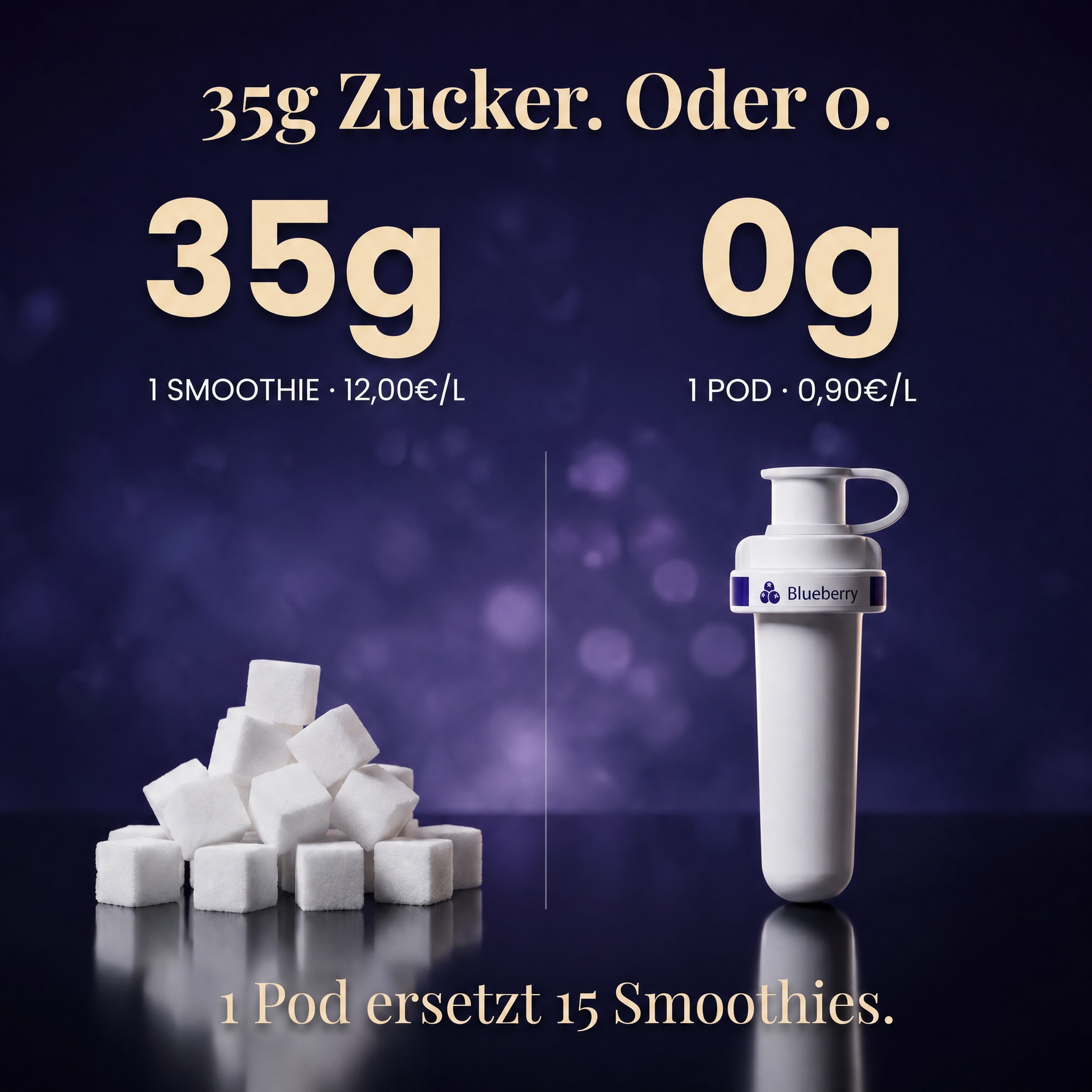 Blaubeere Infused — 35g Zucker oder 0g. 1 Pod ersetzt 15 Smoothies.