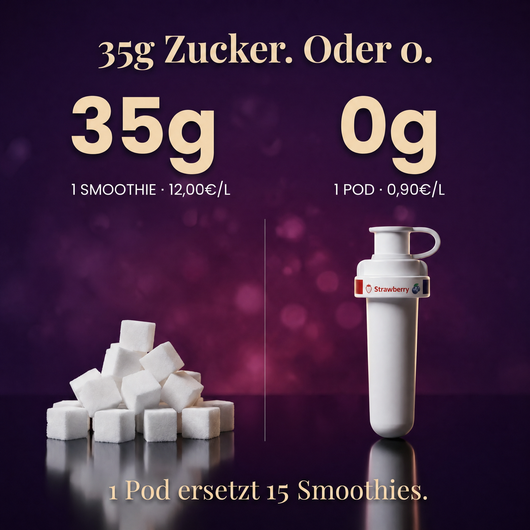 Blaubeere Erdbeere Infused — 35g Zucker oder 0g. 1 Pod ersetzt 15 Smoothies.