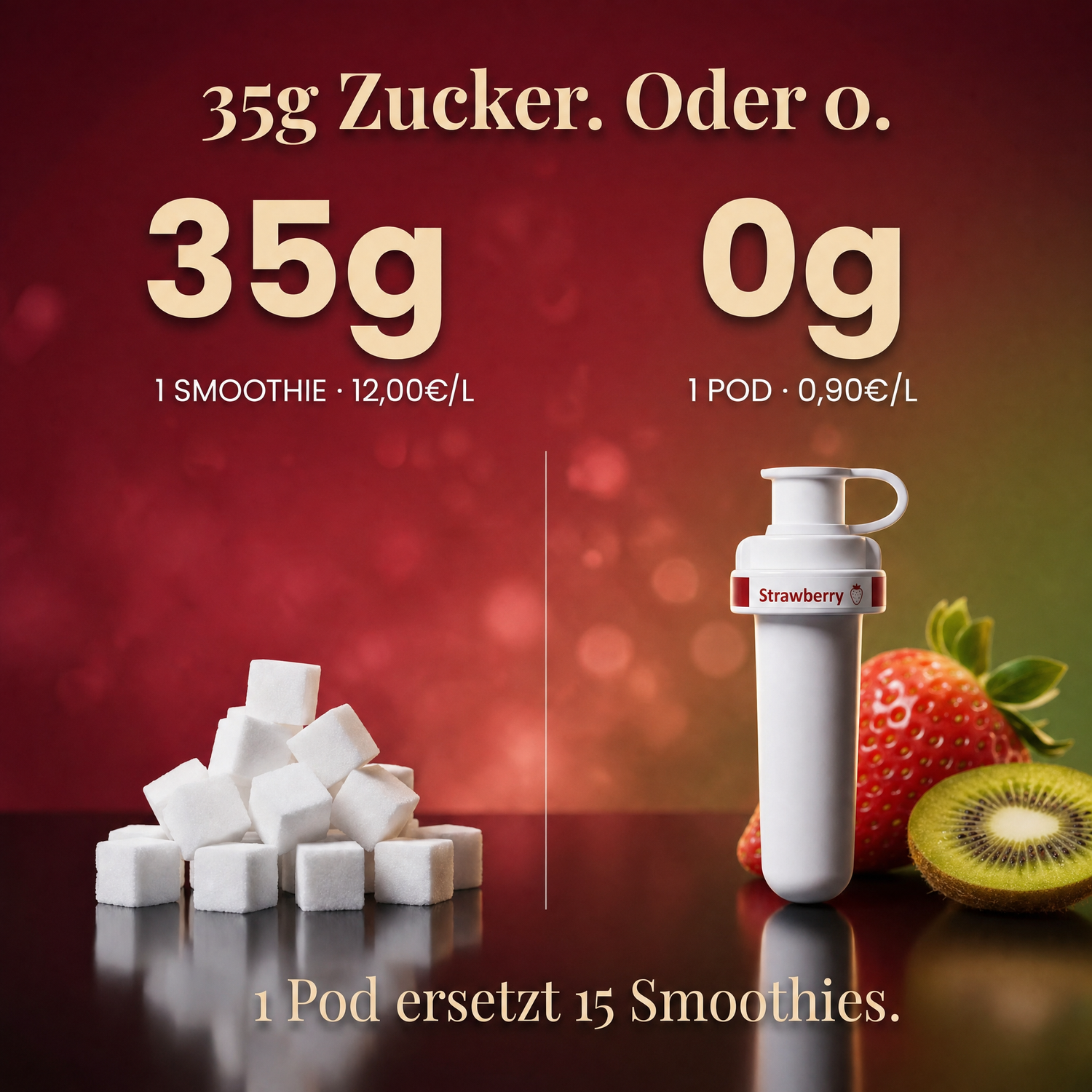Erdbeere Kiwi Infused — 35g Zucker oder 0g. 1 Pod ersetzt 15 Smoothies.