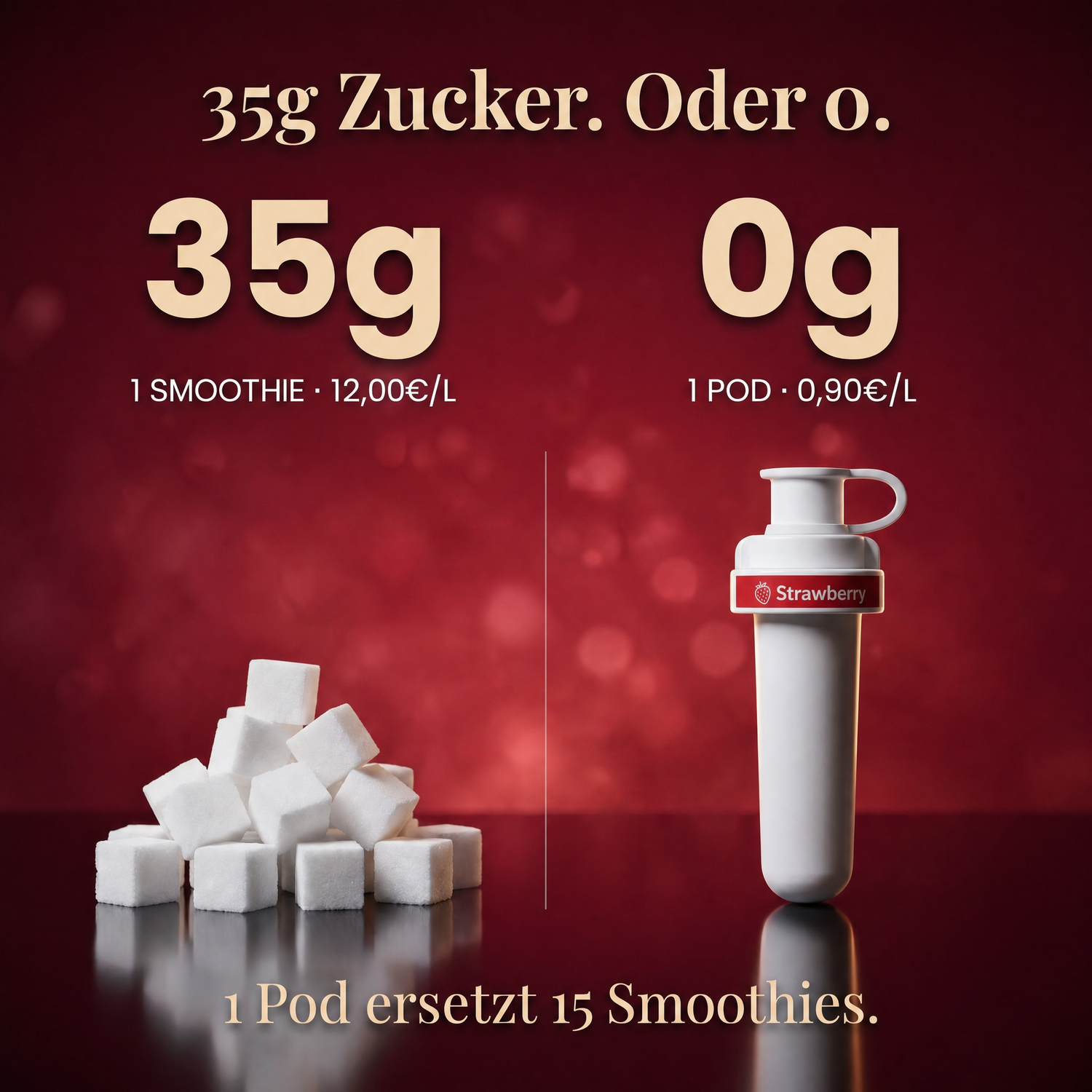 Erdbeere Infused — 35g Zucker oder 0g. 1 Pod ersetzt 15 Smoothies.