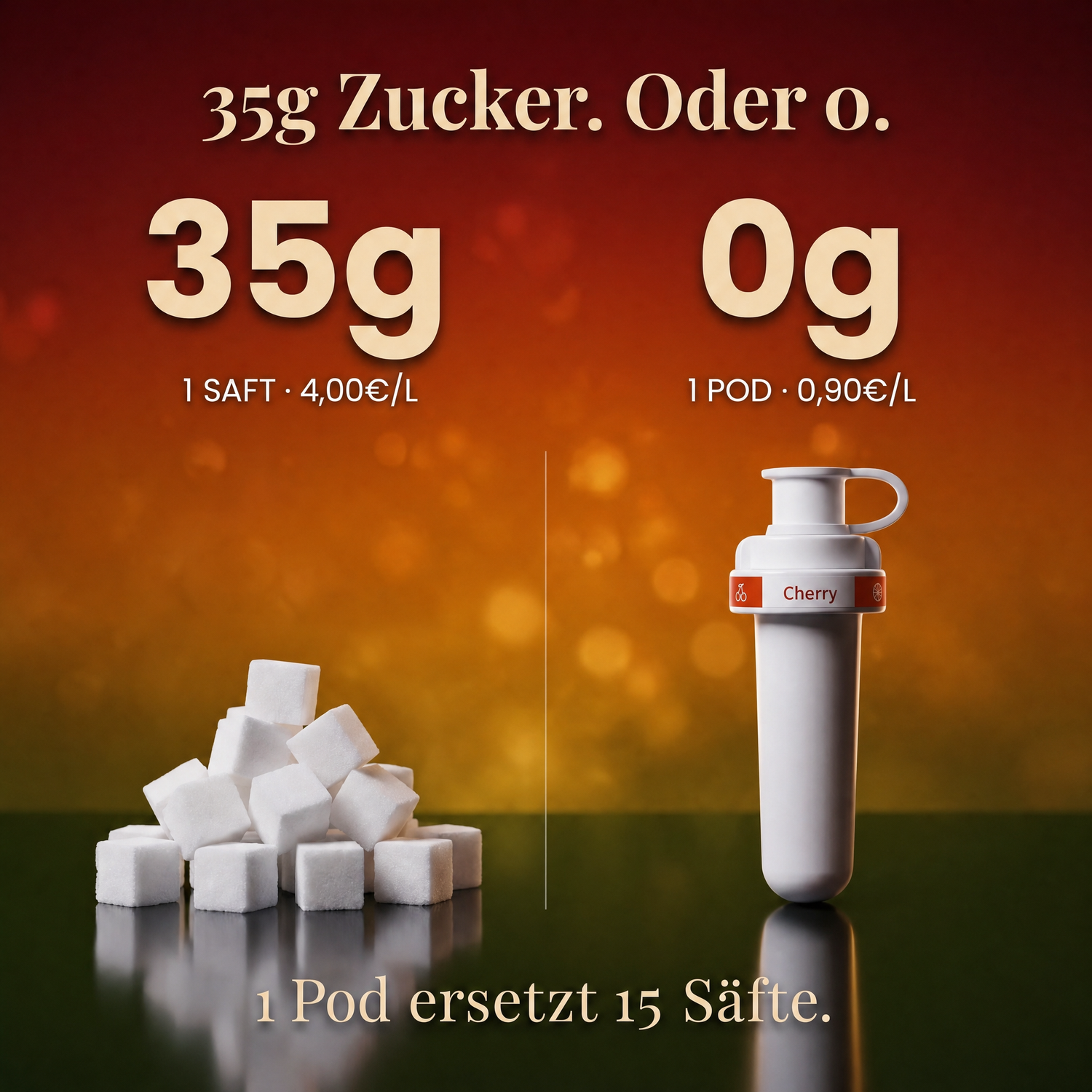 Kirsche Orange Apfel Infused — 35g Zucker oder 0g. 1 Pod ersetzt 15 Säfte.