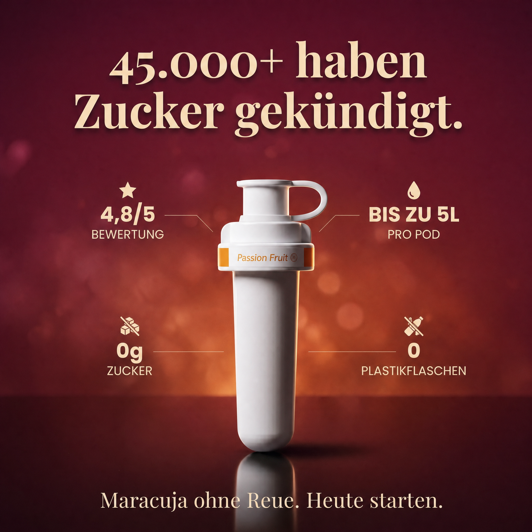 Maracuja Infused — 45.000+ Kunden. 4,8/5 Bewertung. Bis zu 5L pro Pod. 0g Zucker. 0 Plastikflaschen.
